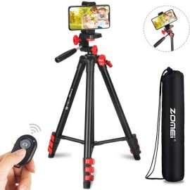T80 Portable Tripod with Phone Clip and Bluetooth Remote Control Black Red