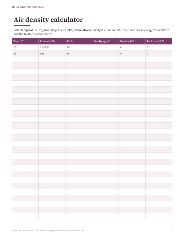 Preview of Air Density Calculator Sheet
